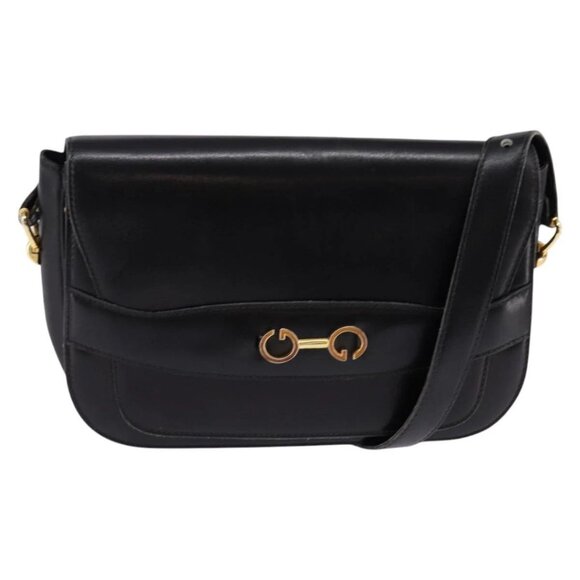 Gucci Handbags - GUCCI Shoulder Bag Leather Black Gold Auth